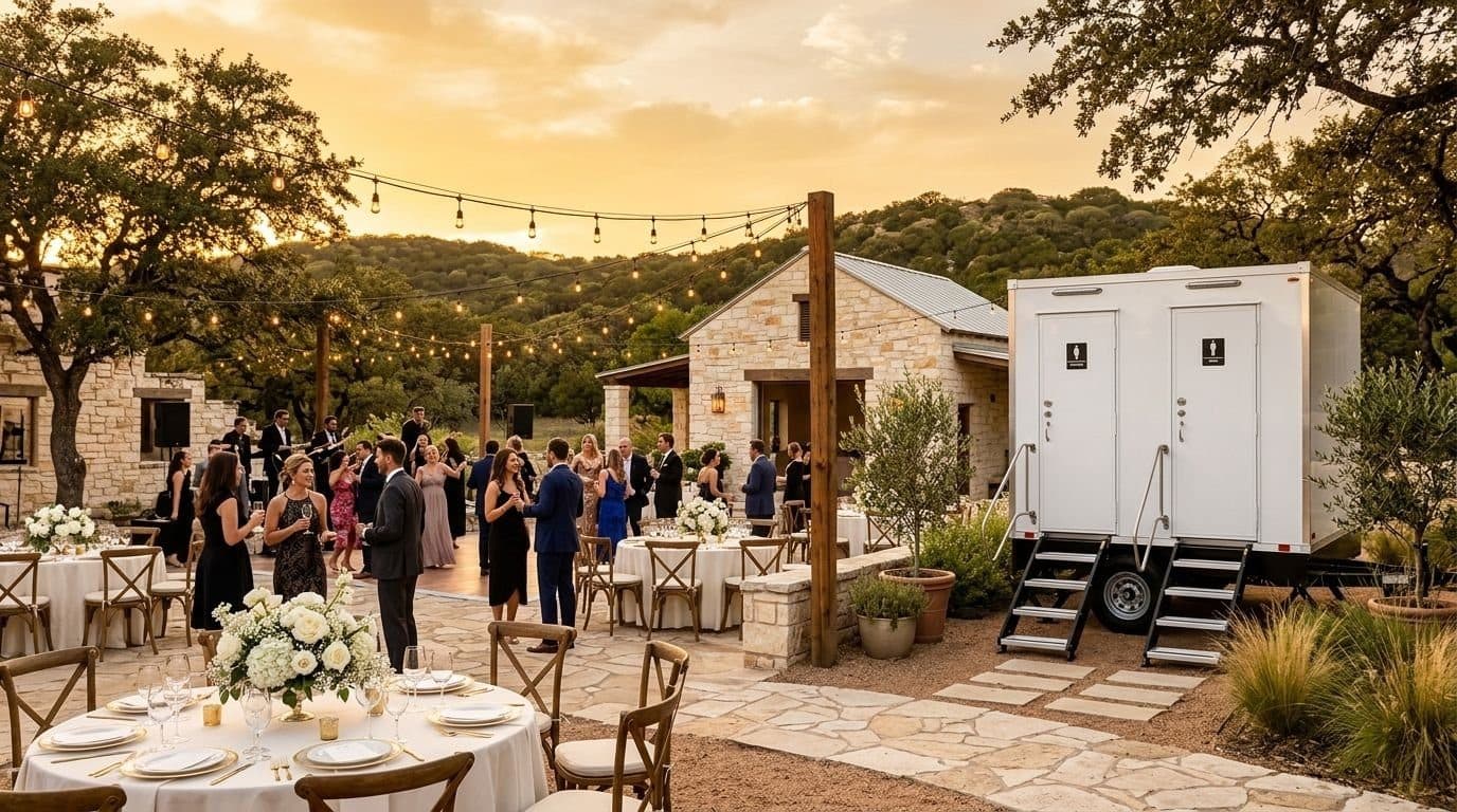Luxury restroom trailer set beside a Texas Hill Country wedding reception at golden hour